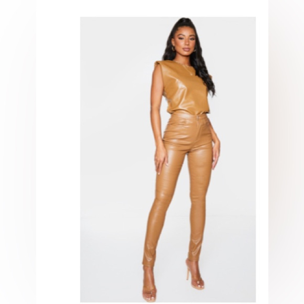 Pretty Little thing Camel Button Up Faux Leather Skinny Trousers